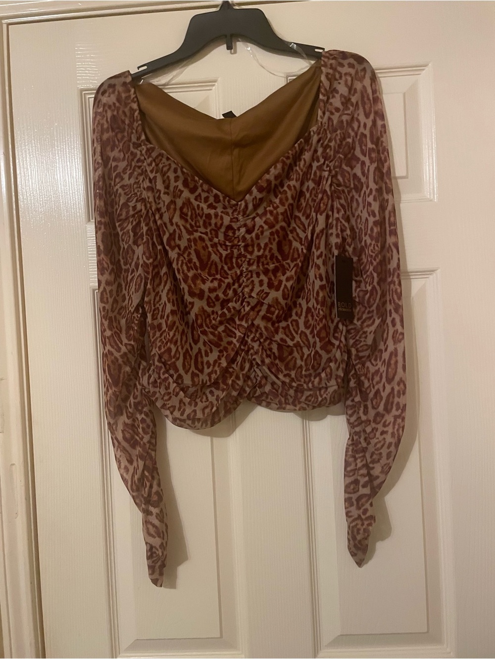 Bold Element Leopard Print Long-Sleeve Draped Women’s Top - Brown Size: XL